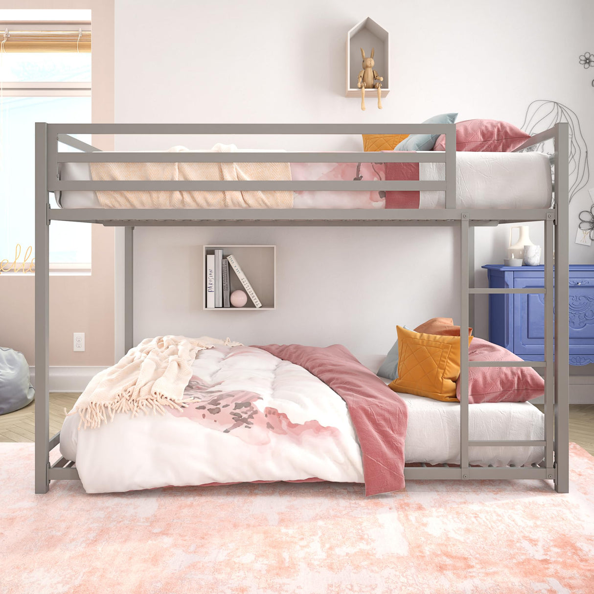DHP Miles Low Metal Bunk Bed Frame for Kids, With Built-in Ladder, High Guardrail and Metal Slats, Floor Bed Bottom Bunk, No Boxspring Required, For Small Spaces, Full-Over-Full, Silver DHP