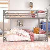 DHP Miles Low Metal Bunk Bed Frame for Kids, With Built-in Ladder, High Guardrail and Metal Slats, Floor Bed Bottom Bunk, No Boxspring Required, For Small Spaces, Full-Over-Full, Silver DHP