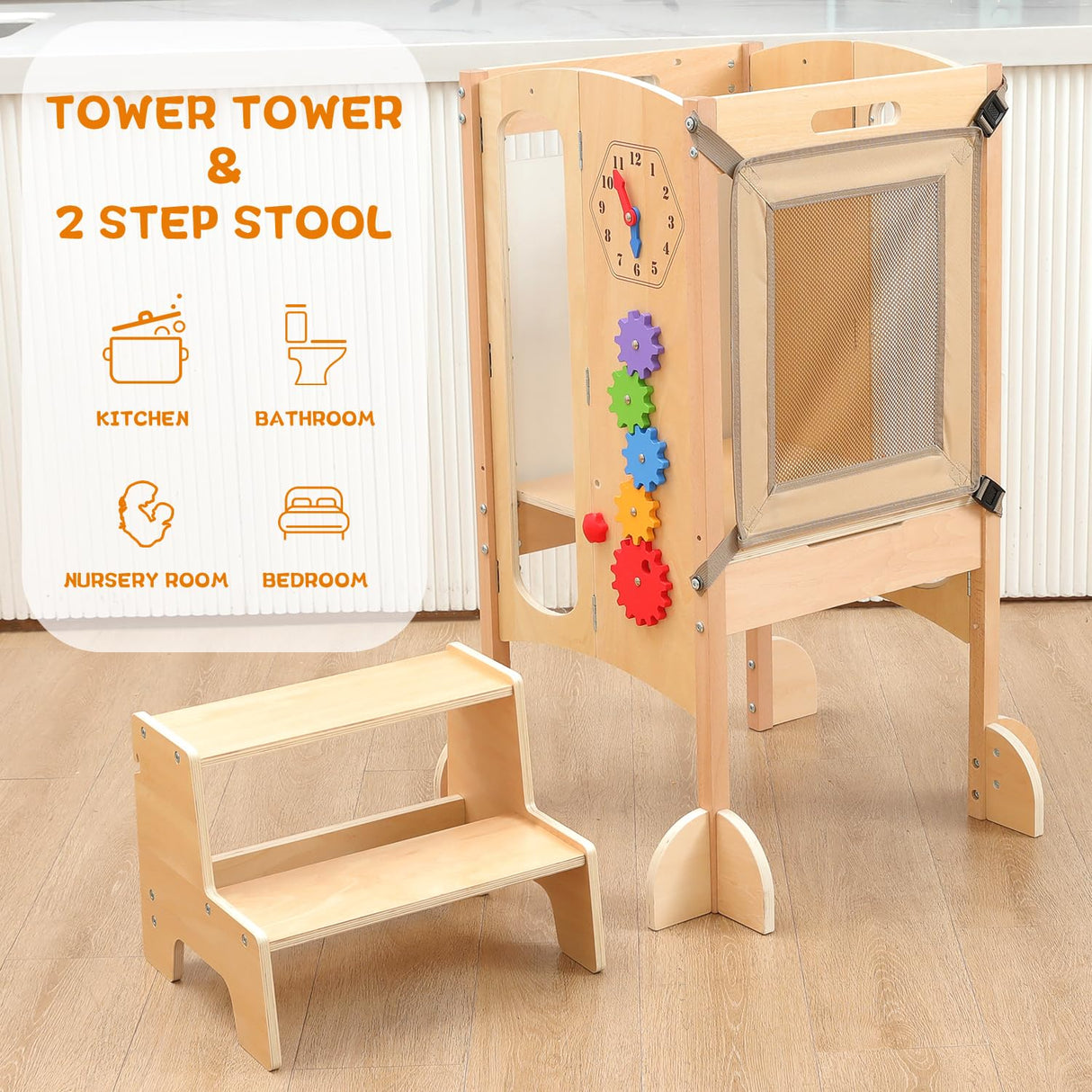 JUZBOT Toddler Tower, Foldable Toddler Kitchen Stool Helper with 2 Step Stool, Wooden Toddler Stool with Safety Net, Adjustable Height, Chalk-Whiteboard& Montessori Activity Games JUZBOT