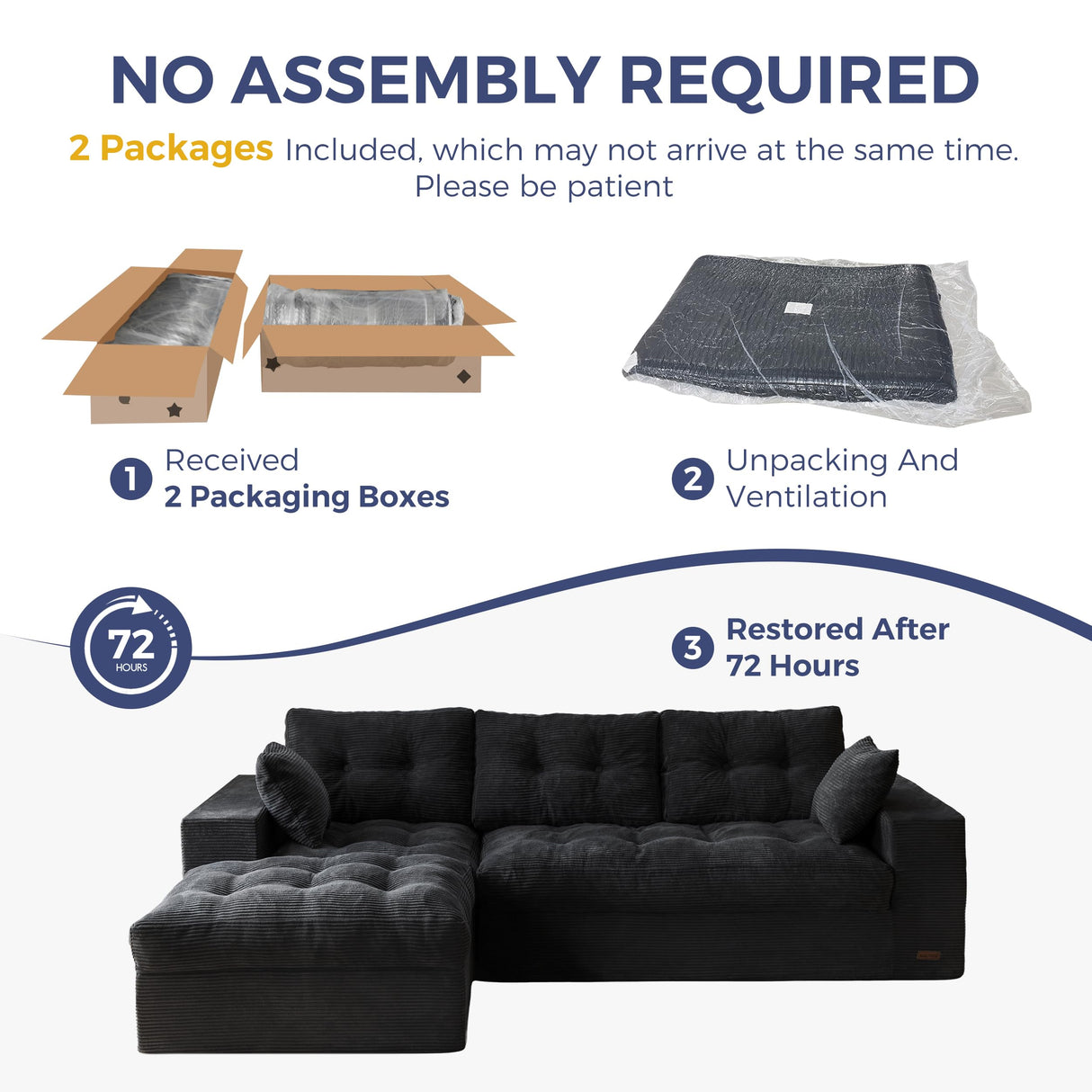 MAXYOYO L-Shaped Sectional Sofa with Convertible Left/Right Ottoman, Cloud Boneless Modular Couch, Layered Cushion & Tufted Upholstered, 4-in-1 Flexible Combination, No Assembly, Black MAXYOYO