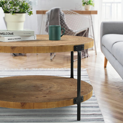 Awescuti Round Boho Wood Coffee Table - 31.5" Farmhouse Natural Circle Wooden 2-Tier Coffee Tables Living Room Furniture, Natural Wood Color, 31.5" D x 18.3" H