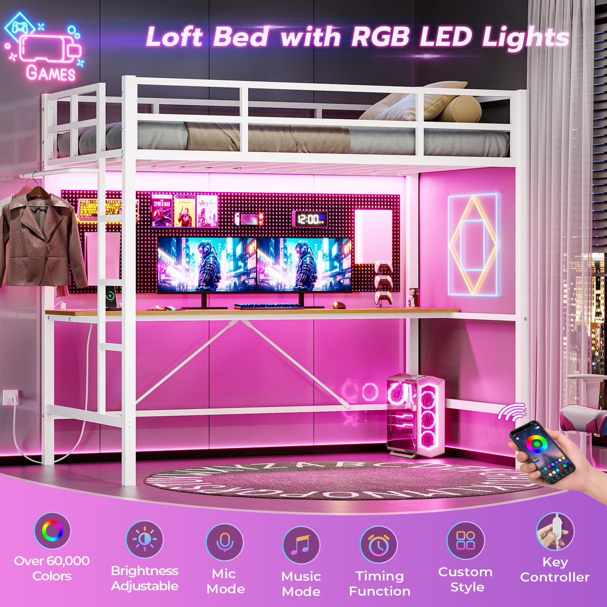 DICTAC Twin Loft Bed with Desk and Charging Station Twin Size Metal Bed Frame with LED Lights Metal Platform Bed,Top Bunk with Safety Guardrail and Stair, Space-Saving,No Box Spring Needed, White DICTAC