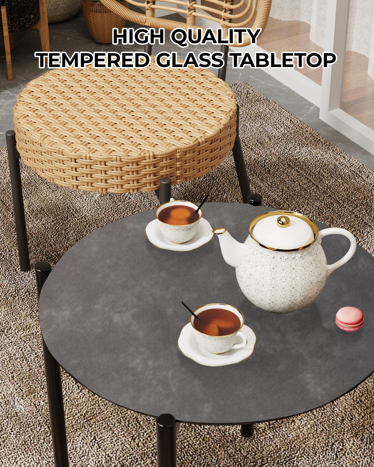 GarveeLife 3 Piece Wicker Patio Bistro Furniture Set, Outdoor Dining Chairs, Includes 2 Rattan Chairs and Tempered Glass Table, for Garden, Backyard, Balcony, Apartment (Black & Brown) GarveeLife