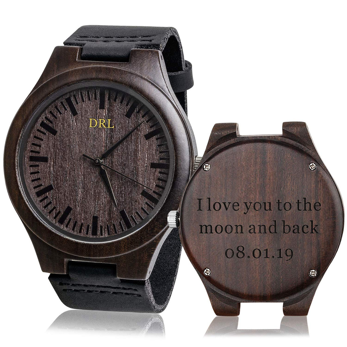 KOSTING Personalized Wood Watches - Engraved Wood Men Watch Black Leather Band Boyfriend Husband Christmas Gifts KOSTING