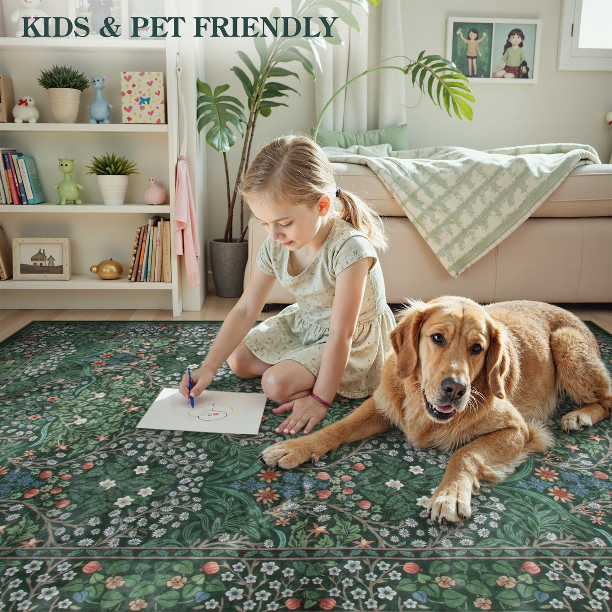 Lahome Floral Washable Rugs 5x7, Soft Green Rugs for Bedroom Living Room, Boho Non Slip Low Pile Forest Stain Resistance Large Throw Carpet for Farmhouse Dining Room Office, Dark Green Lahome