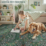 Lahome Floral Washable Rugs 5x7, Soft Green Rugs for Bedroom Living Room, Boho Non Slip Low Pile Forest Stain Resistance Large Throw Carpet for Farmhouse Dining Room Office, Dark Green Lahome