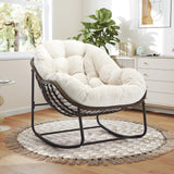 Large Indoor Rocking Chair, Oversized Rocking Papasan Chair with Thick Cushion and Frame,Comfy Corduroy Rocker Wicker Egg Chairs Lounge Reading Chair for Living Room, Bedroom, Apartment, White SLEERWAY