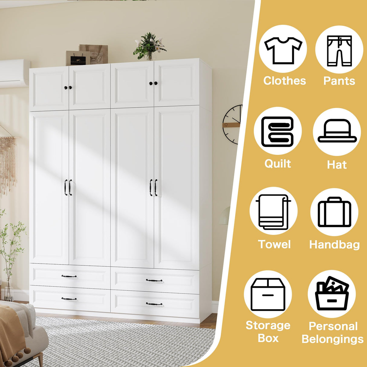 Armoire Wardrobe Closet with Doors: 89" Extra Tall White Wardrobe with Storage on Top, Bedroom Armoires with 4 Doors and 4 Drawers, Large Wood Closet Armoire for Hanging Clothes (B, 63") LABROSKIA