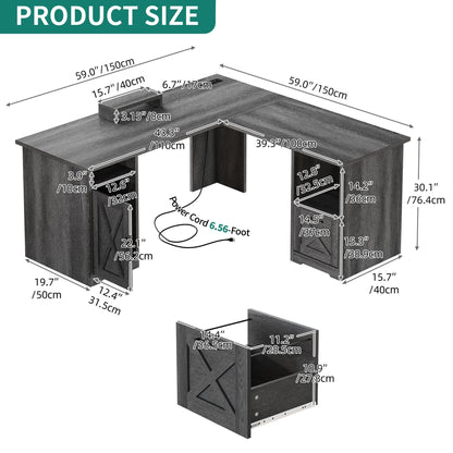 YITAHOME L Shaped Desk with Power Outlets, 60 Inch Computer Desk Corner Desk with File Drawer, Home Office Desk with Monitor Stand & Storage Shelves, L-Shaped Desk with File Cabinet, Grey - WoodArtSupply