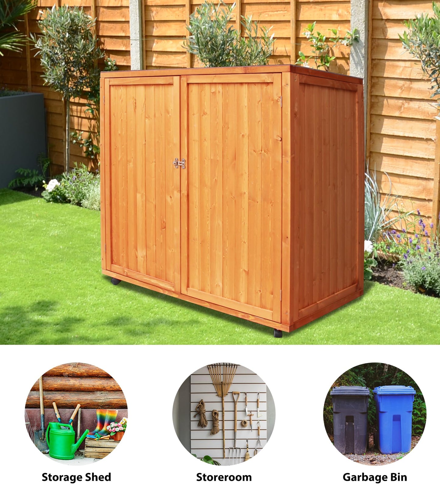 YTGLEN 4x2 FT Wooden Outdoor Trash Can with Lid, Horizontal Storage Shed with Lockable Door and Removable Wheel, Outdoor Storage Box for Patio Tools, Trash Cans, and Garden Accessories