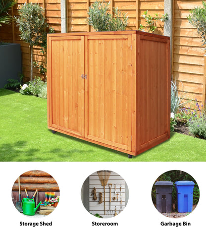 YTGLEN 4x2 FT Wooden Outdoor Trash Can with Lid, Horizontal Storage Shed with Lockable Door and Removable Wheel, Outdoor Storage Box for Patio Tools, Trash Cans, and Garden Accessories