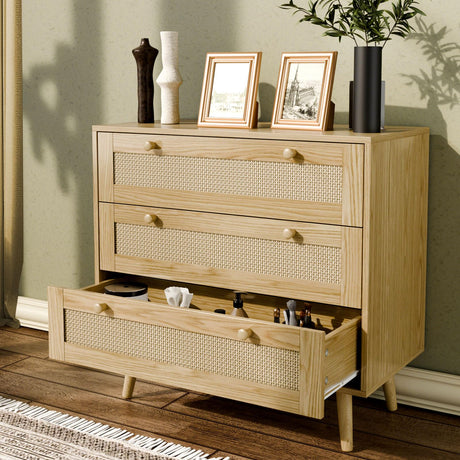 FURNIinspire 3 Drawer Dresser for Bedroom, Boho Dresser Chest with Handles for Bedroom Hallway Living Room FURNIinspire