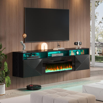 LUXOAK Floating TV Stand with 36" Electric Fireplace, 70 inch Wall Mounted Electric Fireplace Entertainment Center with Storage Space, TV Stand for Living Room for TVs Up to 80", All Black
