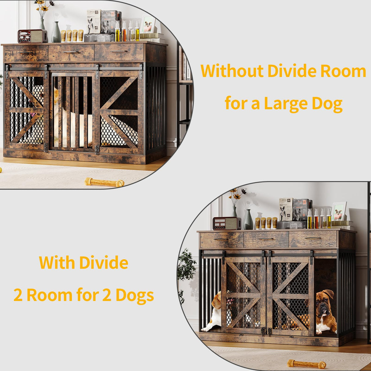 kepptory 48'' Dog Crate Furniture with Removable Divider & Storage Drawers, Wooden Double Dog Cage TV Stand with 2 Sliding Barn Doors, Multi-Functional Dog Crate End Table for Indoor use (Retro Brown) kepptory