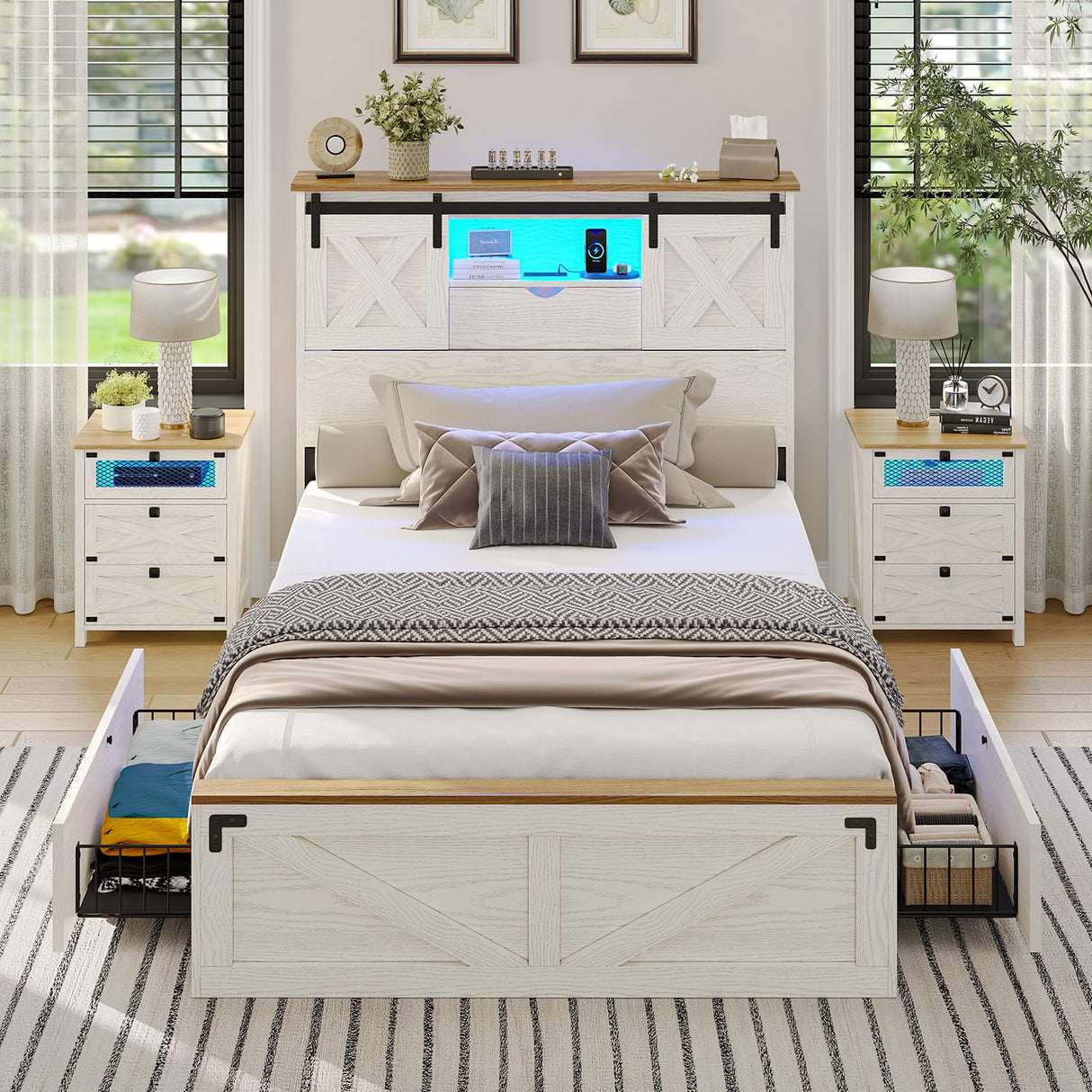 Hasuit Farmhouse Bed Frame Twin Size with 2 Storage Drawers, Wooden Platform Twin Bed with LED Lights and Charging Station, Rustic Accent Headboard with Sliding Barn Door Storage Cabinets Hasuit