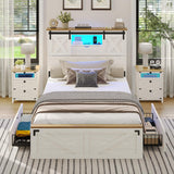 Hasuit Farmhouse Bed Frame Twin Size with 2 Storage Drawers, Wooden Platform Twin Bed with LED Lights and Charging Station, Rustic Accent Headboard with Sliding Barn Door Storage Cabinets Hasuit