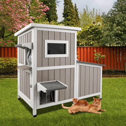 Gowoodhut 36.1" L Outdoor Cat House,2 Story Wooden Outdoor Cat Shelter with 3 Escape Doors,Weatherproof Fir Wood Feral Cat House with 2 Big Rest Room & Openable Asphalt Roof for 2-3 Cats