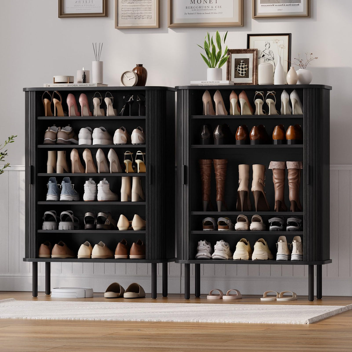 ONBRILL 6-Tier Shoe Cabinet with Sliding Door, Wooden Shoe Storage Cabinet with Adjustable Shelves, Mid-Century Modern Freestanding Shoe Storage Organizer for Entryway, Hallway, Living Room, Black ONBRILL