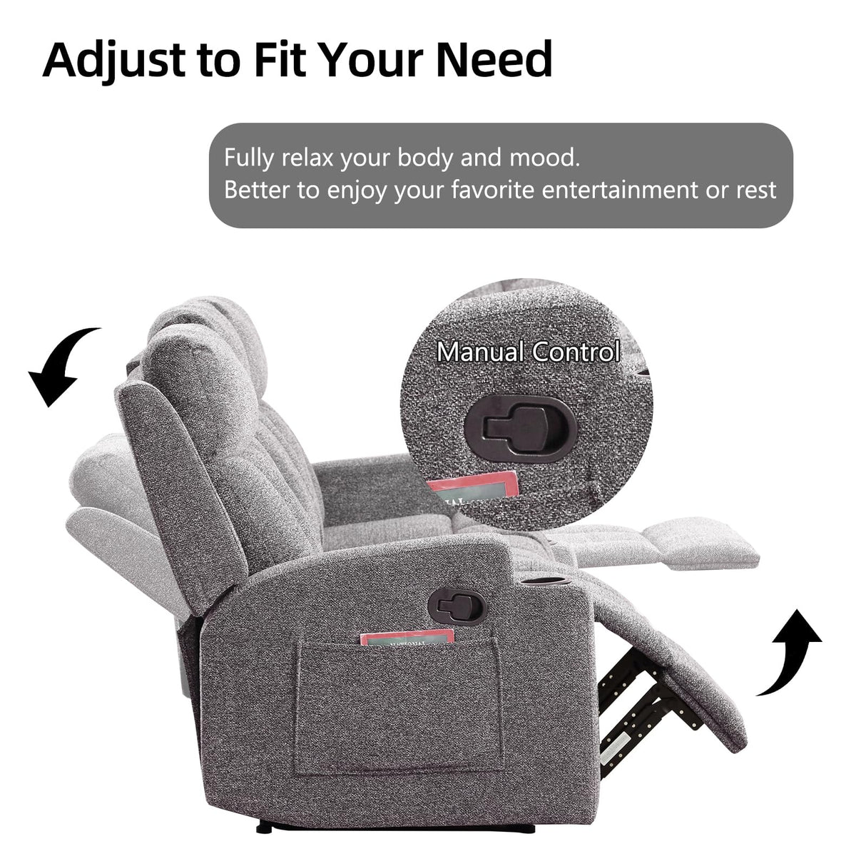 CANMOV Manual Fabric Reclining 3 Seat Sofa Couch with 2 Cup Holders, 3 Seater Recliner Sofa Couch with Armrest and Pockets for Living Room, Bedroom Furniture, Gray CANMOV