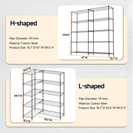 M MZG 5 Tiers Storage Shelves Load 1500LBS, Metal Shelving Wire Metal Shelving Unit Shelves for Storage Adjustable Garage Shelving for Pantry Kitchen Garage Black 15.8" D x 33.5" W x 70.5" H M MZG