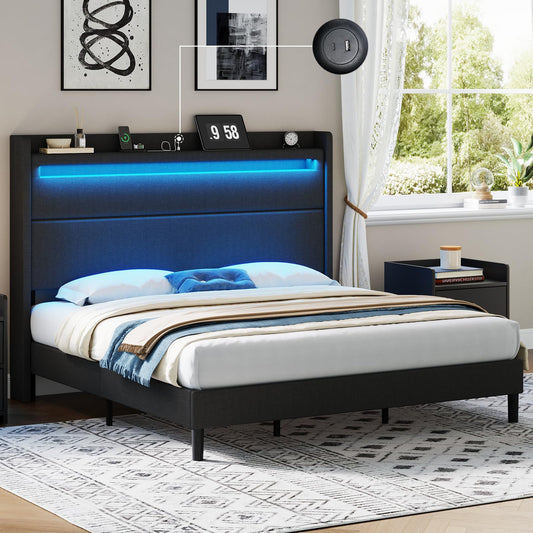 LUXOAK King Size Linen Upholstered Bed Frame with RGBW LED Light & Charging Station - 50" High, No Box Spring Required, Black - WoodArtSupply