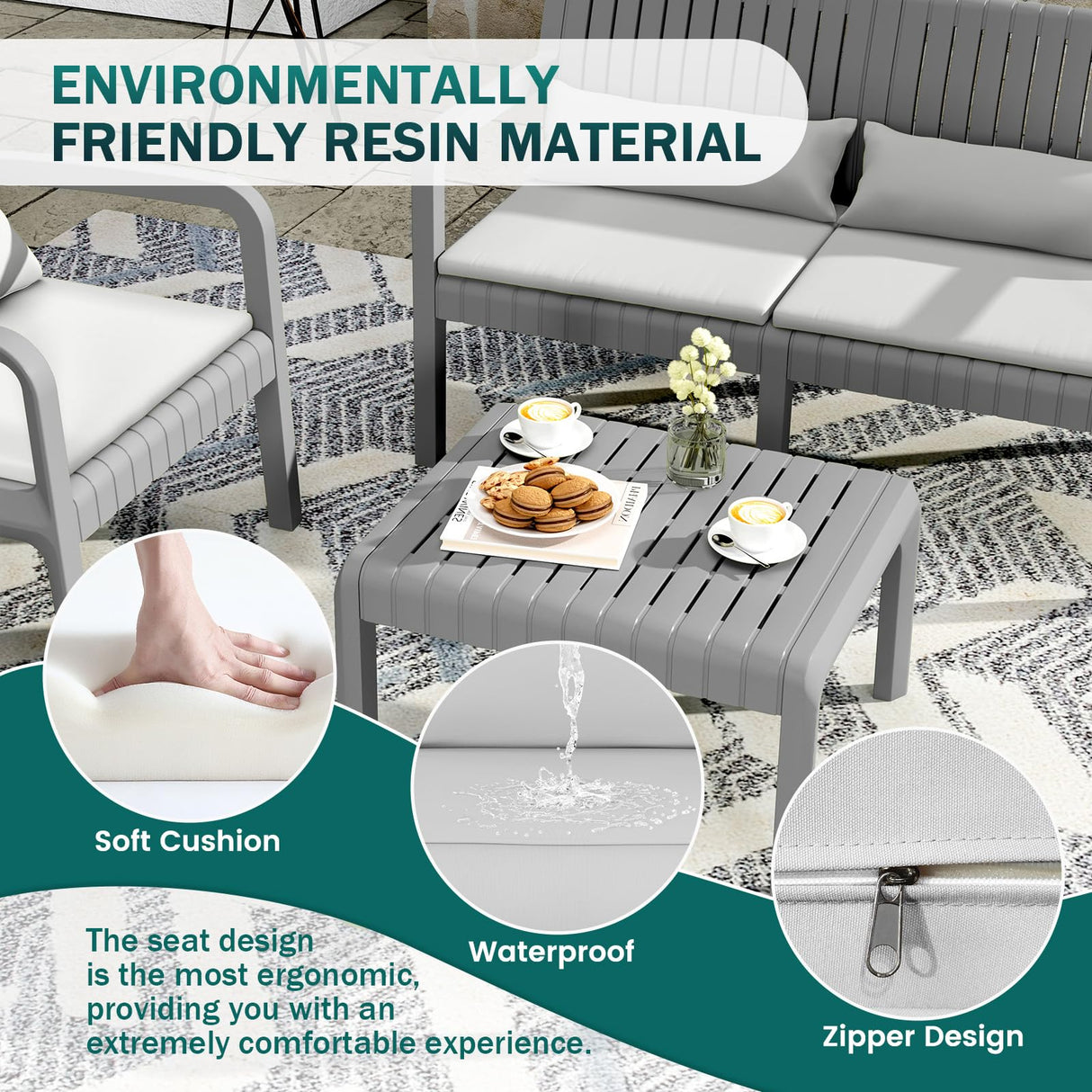 UDPATIO Resin Patio Furniture Set, No Rust Modular Outdoor Sectional Sofa Set, All Weather Patio Conversation Set, for Backyard, Deck, Poolside with Coffee Table, 4pc Grey UDPATIO