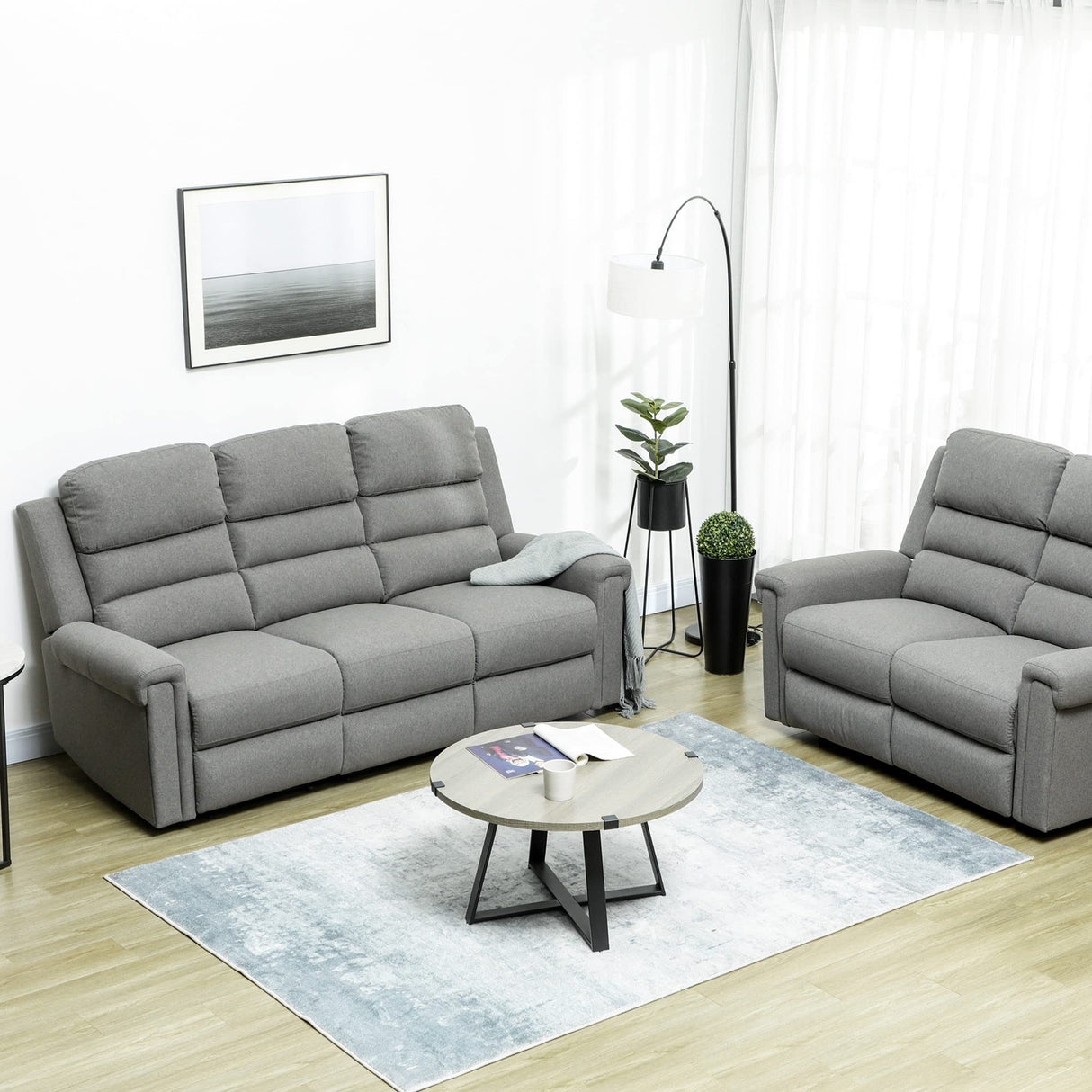 HOMCOM 3 Seater Recliner Sofa with Manual Pull Tab, Fabric Reclining Sofa, RV Couch, Home Seating, Gray HOMCOM