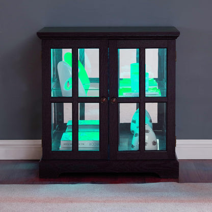 KEIKI Curio Cabinet, Lighted Glass Display Cabinet w/ 2 Glass Doors & Adjustable Shelves, Lighted Showcase with LED Light Strip, Cherry