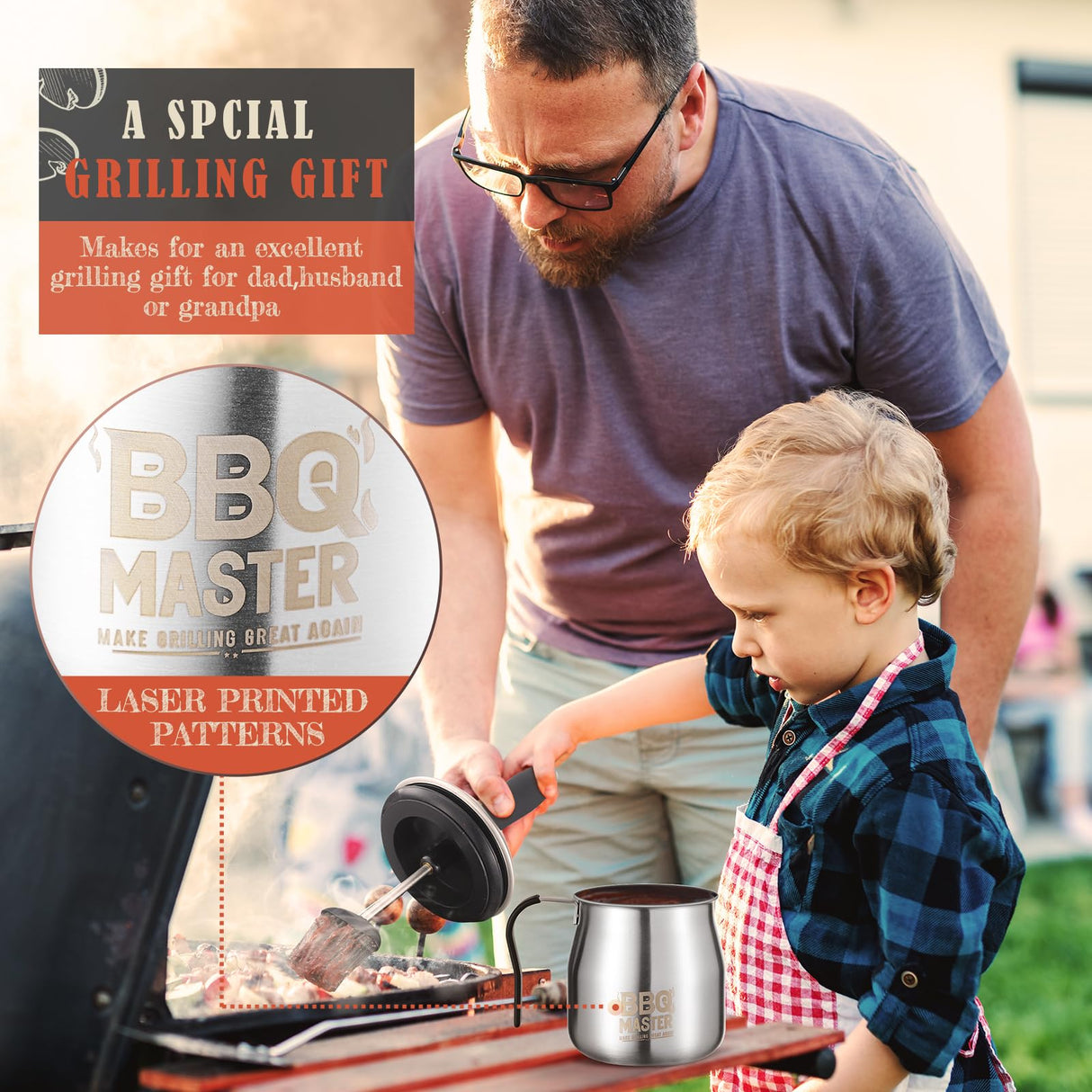 BBQ Basting Pot with Brushes，Grilling Gifts for Men，Valentines Day Gifts For Him，Grill Gift for Dad，Premium Stainless Steel 304 Barbecue Basting Pot Brush Set，32oz. BBQ Sauce Container Cooking Gift Grill Gadgets for Men CherHome