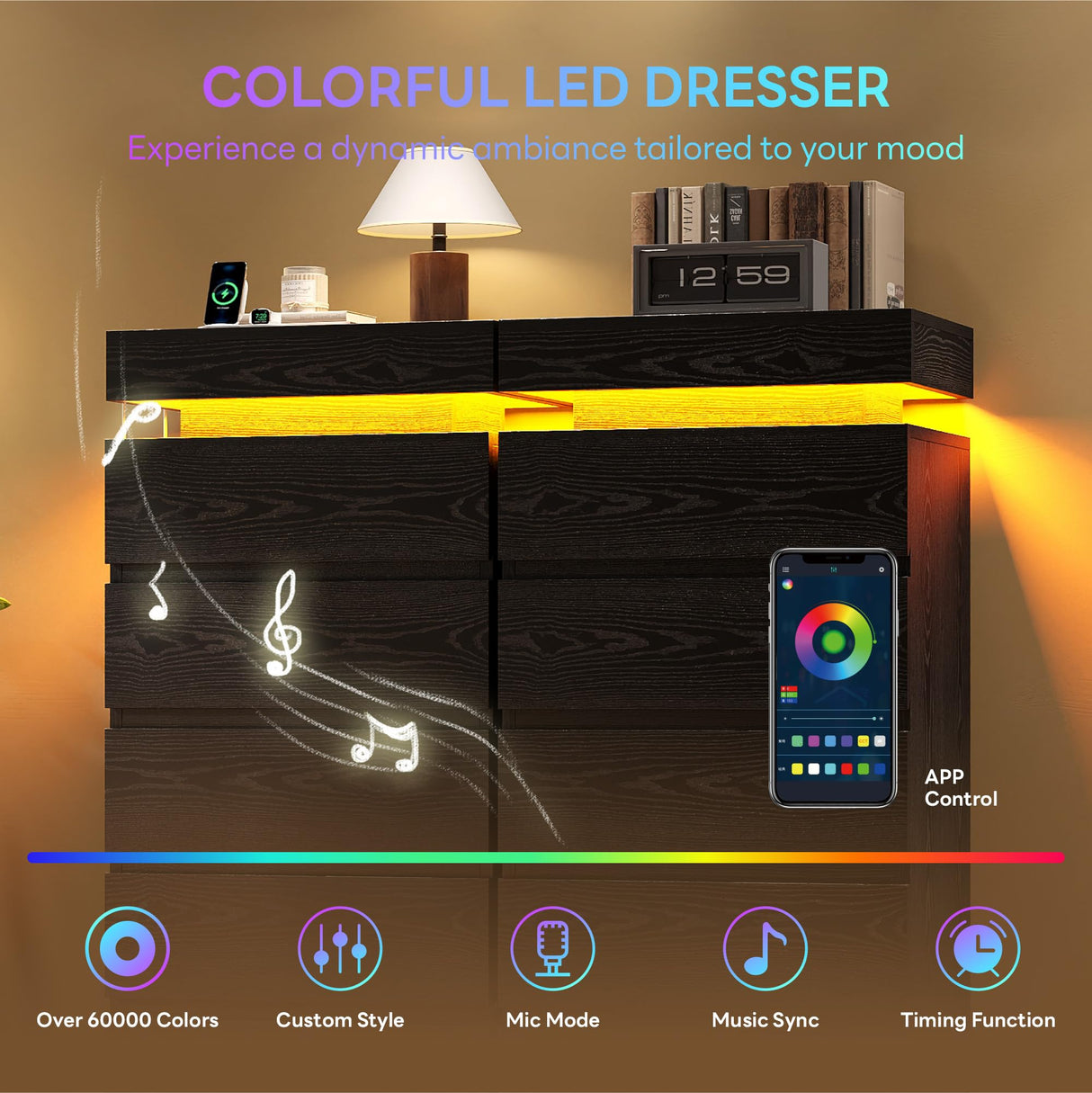 LIKIMIO 54" Tall 5 Drawer Dresser for Bedroom, Black Dresser with LED Light and Power Outlet, Wood Modern Chest of Drawers for Living Room, Entryway, Hallway LIKIMIO