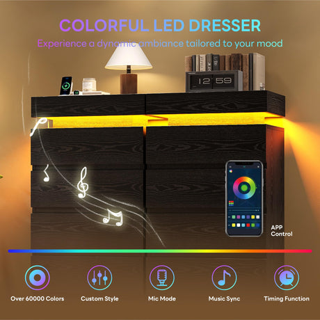 LIKIMIO 54" Tall 5 Drawer Dresser for Bedroom, Black Dresser with LED Light and Power Outlet, Wood Modern Chest of Drawers for Living Room, Entryway, Hallway LIKIMIO