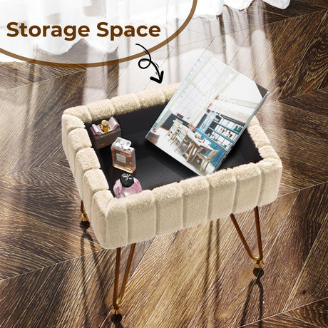Greenstell Vanity Stool Chair Faux Fur with Storage, 15.7"L x 11.8"W x 19.4"H Soft Ottoman 4 Metal Legs with Anti-Slip Feet, Furry Padded Seat, Modern Multifunctional Chairs for Makeup, Bedroom,Camel GREENSTELL