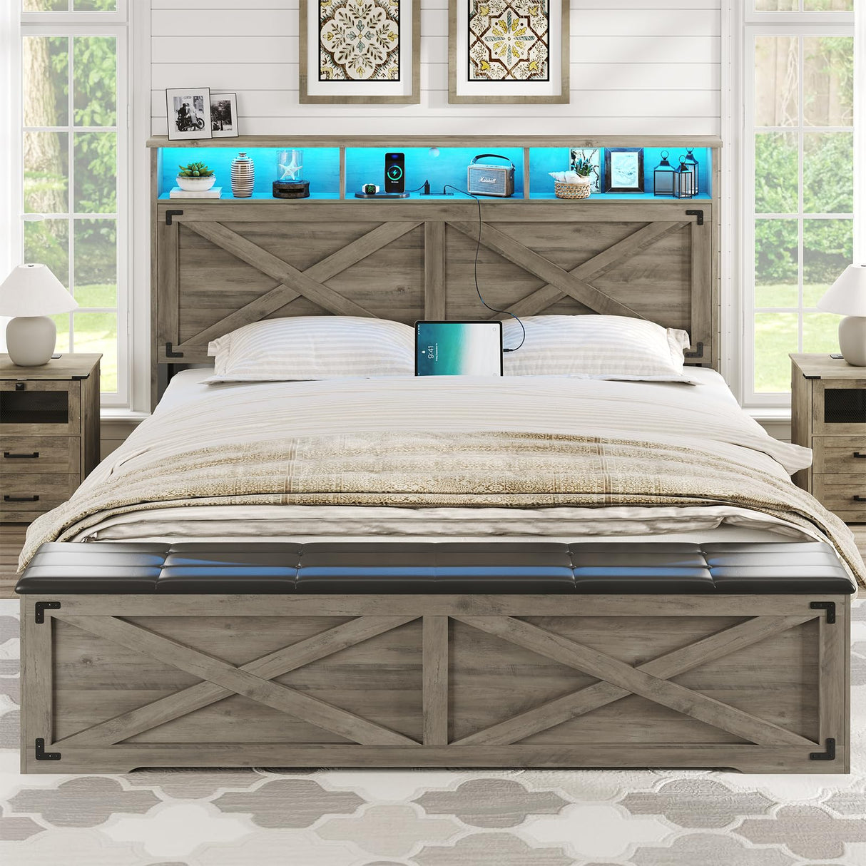 DICTAC Farmhouse Bed Frame Queen Size with Storage Headboard, Charging Station and Ottoman Rustic Queen Platform Bed Frame with Led Lights,Metal Slats Support,No Box Spring Needed,Oak Gray DICTAC