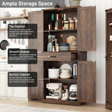 Hlivelood 72" Tall Farmhouse Kitchen Pantry Cabinet with Drawer, Rustic Wood Cupboard Storage Cabinet w/Organizer and 4 Barn Doors, Storage Cabinet for Kitchen, Dining Room, Living Room, Brown Hlivelood