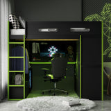 SOFTSEA Full Size Gaming Loft Bed with Desk, Wood Loft Bunk Bed with Wardrobe, Drawers, LED Light & USB Ports, Full Gaming Bed with Desk Underneath and Storage, Green & Black SOFTSEA