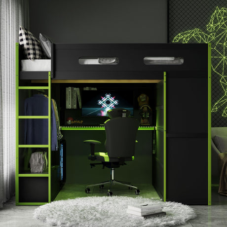 SOFTSEA Full Size Gaming Loft Bed with Desk, Wood Loft Bunk Bed with Wardrobe, Drawers, LED Light & USB Ports, Full Gaming Bed with Desk Underneath and Storage, Green & Black SOFTSEA