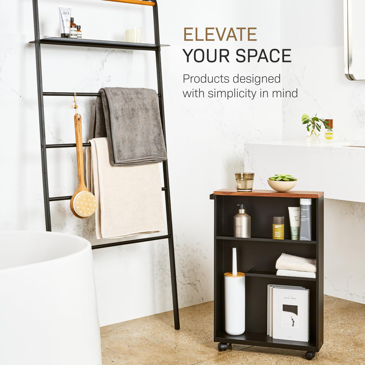 YAMAZAKI Home Slim Rolling Storage Cart – Narrow Bathroom Storage Cabinet with Handle, Slim Bathroom Storage Cart with Wheels, Easy Assembly, Steel + Wood, Black YAMAZAKI