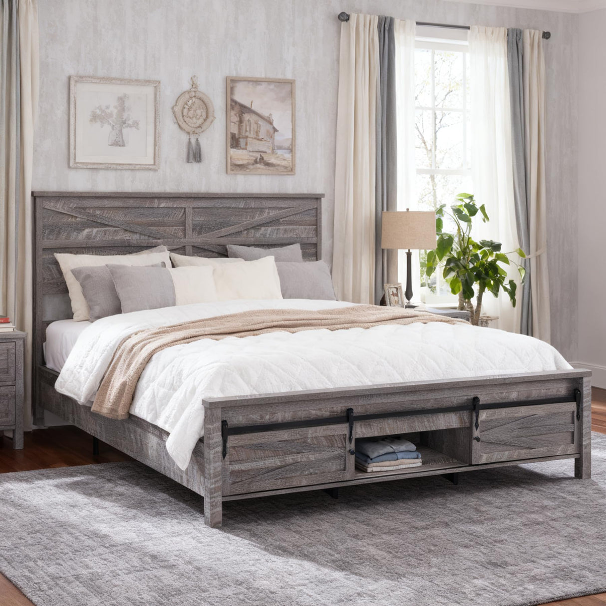 JXQTLINGMU Farmhouse King Size Bed Frame with 47" Tall Headboard, Wood King Bed Frame with Storage Cabinet, Solid Wood Slats Support, Noiseless, No Box Spring Needed (Grey) JXQTLINGMU