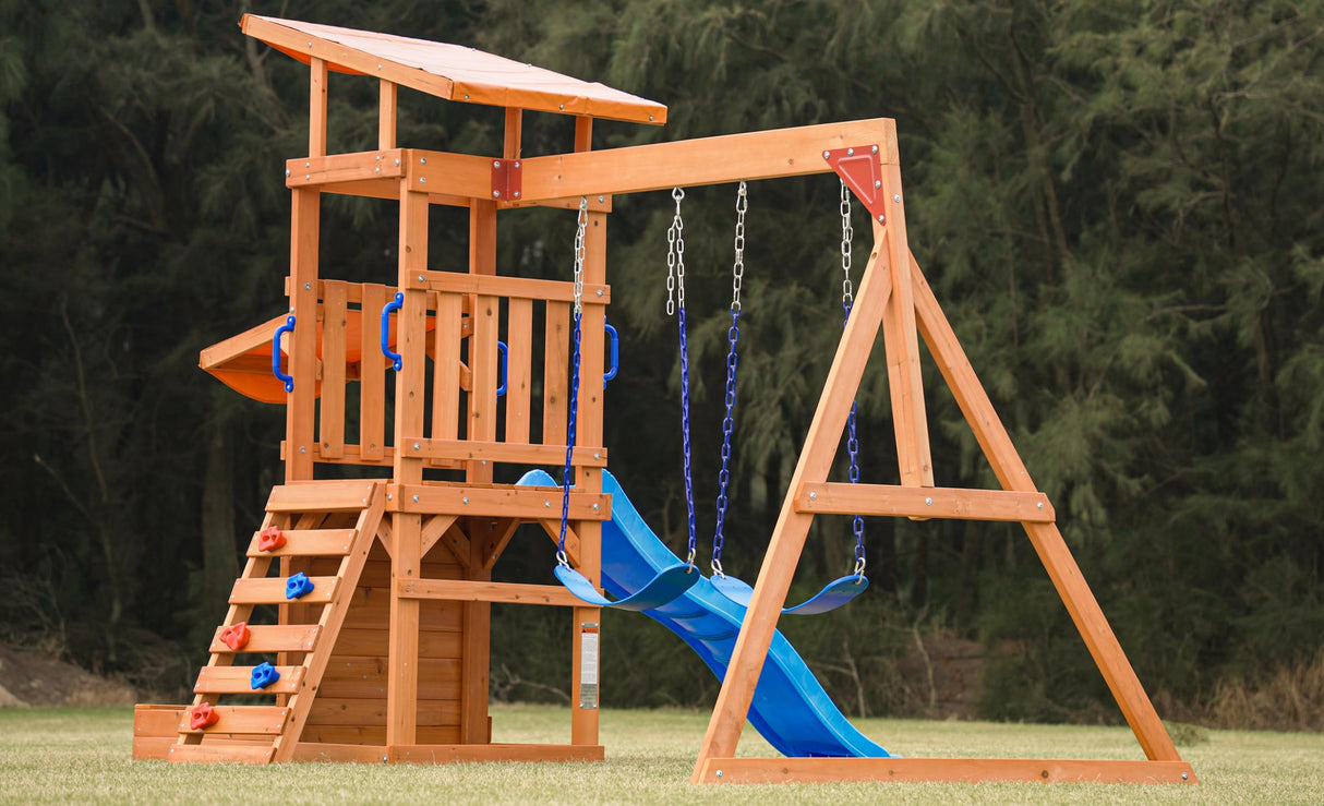 Dolphin Playground Outdoor Wooden Swing Sets for Backyard with Slide, Playground Sets for Backyards with Sandbox, Rock Climbing Wall, and 2 Belt Swings, Outdoor Playset for Kids Ages 3-6 DOLPHIN PLAYGROUND T