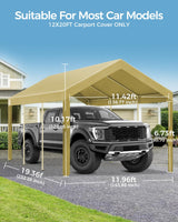 12x20 FT Heavy Duty Carport Replacement Canopy Cover, Durable Waterproof Garage Shelter Top, Car Tent for Outdoor Use, with Ball Bungees for Secure (Beige) Mars Explo