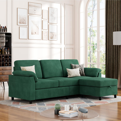 Vongrasig Convertible Sectional Couch, 3 Seat L Shaped Sofa with Removable Pillows Linen Fabric Small Modern Couch Mid Century for Living Room, Apartment and Office (Green)