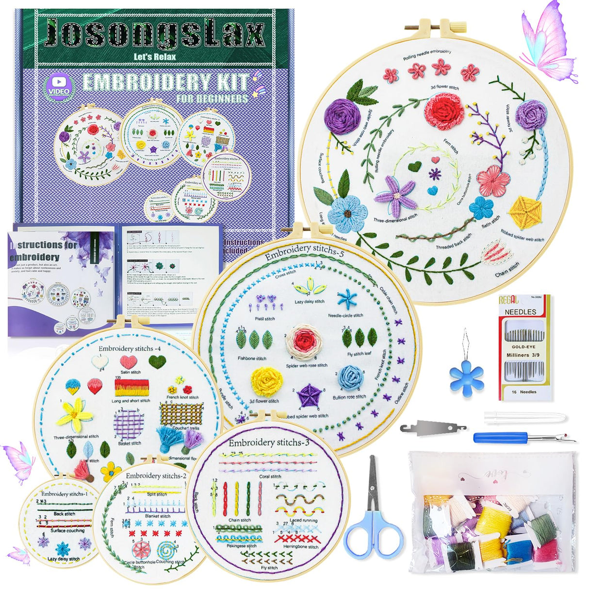 Josongslax Beginner Embroidery Kits for Adults, Hand Cross Stitching Patterns Sewing Crafts Hobbies Set with 6 Embroidery Hoops, DIY Punch Needlepoint Learn 36 Stitches Embroidery Starter Kit Gift Josongslax