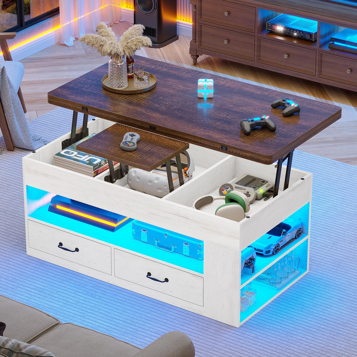 Itaar Lift Top Coffee Table, 4 in 1 Coffee Tables with Storage and Hidden Compartment, Farmhouse Coffee Table with 2 Fabric Drawers & LED Light for Living Room, White Itaar