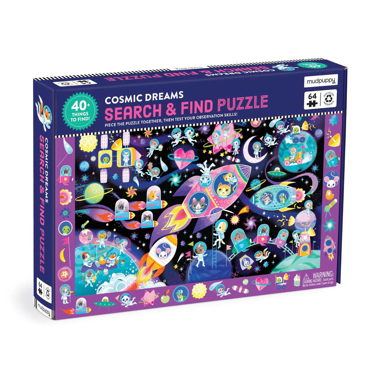 Mudpuppy Cosmic Dreams – 64 Piece Search & Find Jigsaw Puzzle Featuring Cats in A Whimsical Outer Space Wonderland and Over 40 Hidden Images to Find Mudpuppy