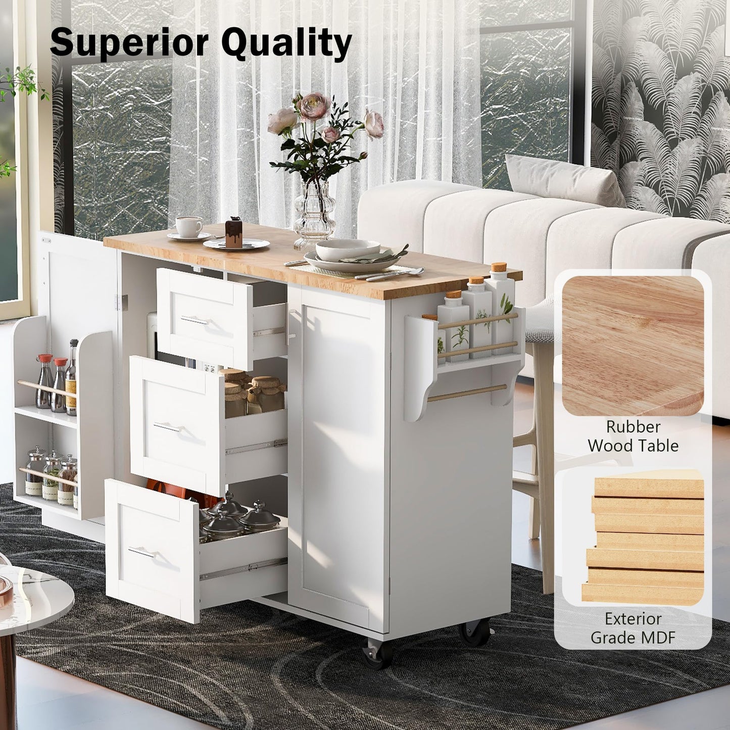 Rolling Kitchen Island with Storage, Kitchen Island on Wheels with Spice Rack & Tower Rack, Kitchen Cart with Rubber Wood Top, 3 Drawer, 2 Slide-Out Shelf and Internal Storage Rack, (White-50)