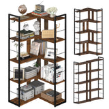 RKVPCNE 5 Tier L Shaped Bookshelf Wood Bookcase with 2 Hooks Modern Corner Bookshelf Library Industrial Shelving Book Case Adjustable Book Shelves for Bedroom Living Room Home Office Rustic Brown RKVPCNE