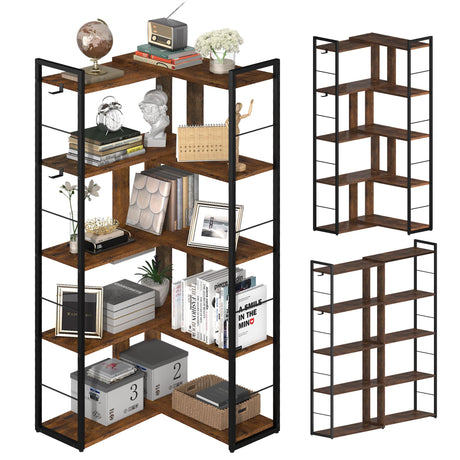 RKVPCNE 5 Tier L Shaped Bookshelf Wood Bookcase with 2 Hooks Modern Corner Bookshelf Library Industrial Shelving Book Case Adjustable Book Shelves for Bedroom Living Room Home Office Rustic Brown RKVPCNE