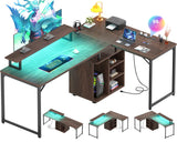 Cyclysio L Shaped Gaming Desk with Wood Cabinet, 58" Large Corner Desk with LED Lights & Power Outlet, Reversible Computer Desk with Monitor Stand, Home Office Desk 2 Person Corner Desk,Rustic Walnut Cyclysio