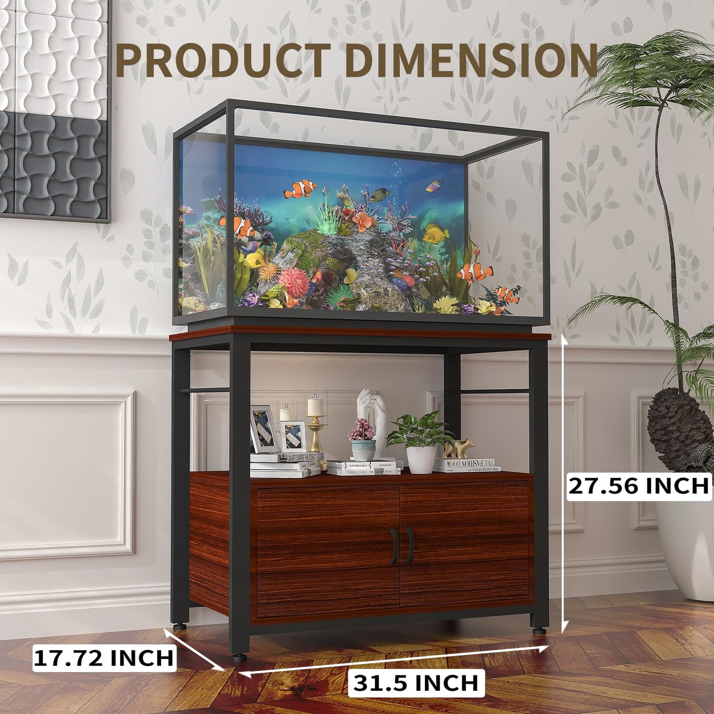 Avolander Fish Tank Stand Metal Aquarium Stand with Cabinet Accessories Storage 40-50 Gallon, Double Layer Metal with Storage Weight Capacity 760lbs, Black Teakwood Brown