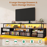 BTHFST TV Stand for 65 70 Inches TV with LED Lights & Power Outlets, Entertainment Center with Open Shelves & 6 PU Fabric Drawers, TV Media Console Table for Living Room, Bedroom, Black BTHFST